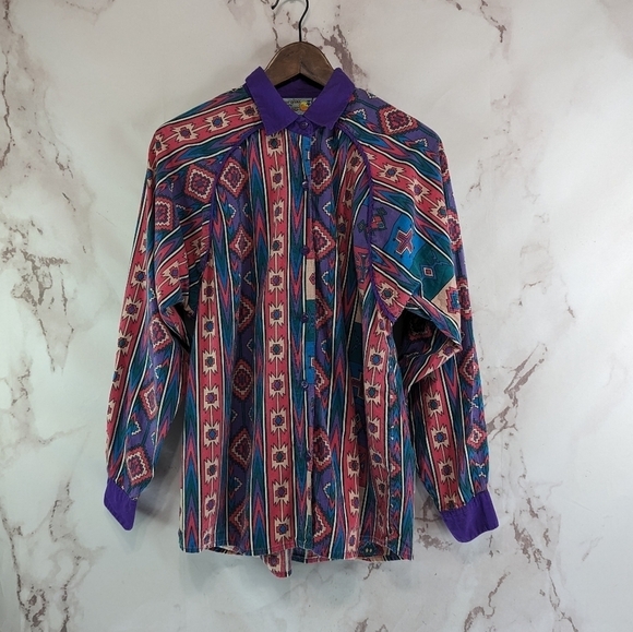 Vintage Western Shirt Women Large Pink Red 90s Southwest Aztec Printed Vented - Picture 1 of 14